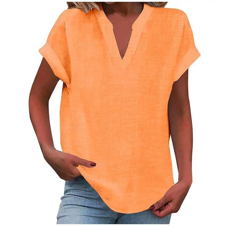 Marisette — Textured V-Neck Blouse With Relaxed Fit Short Sleeve Summer Style
