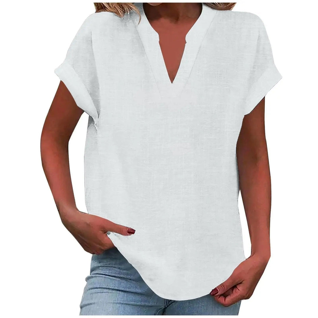 Marisette — Textured V-Neck Blouse With Relaxed Fit Short Sleeve Summer Style