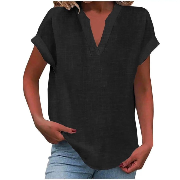 Marisette — Textured V-Neck Blouse With Relaxed Fit Short Sleeve Summer Style