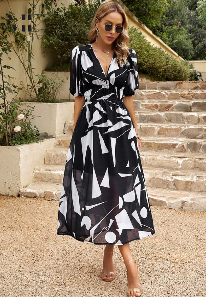 Valentina — Floral Print A-Line Midi Dress With Elegant V-Neck Design