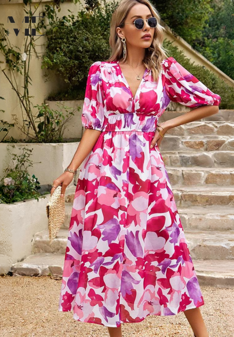 Valentina — Floral Print A-Line Midi Dress With Elegant V-Neck Design