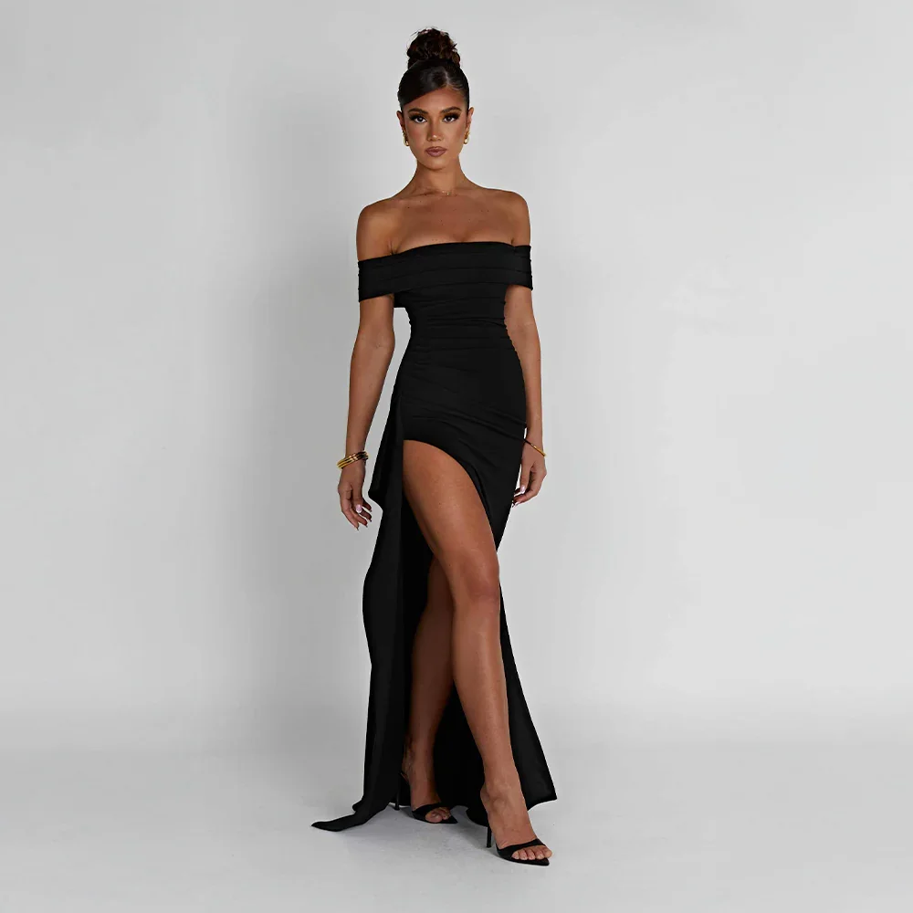 Josephine — Elegant Off-Shoulder Maxi Dress With High Side Slit For Wedding Guests