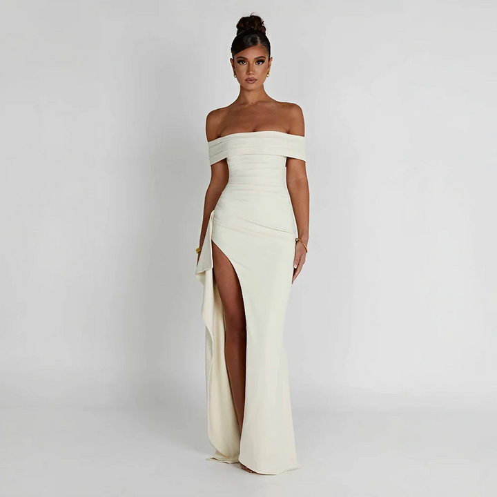 Josephine — Elegant Off-Shoulder Maxi Dress With High Side Slit For Wedding Guests