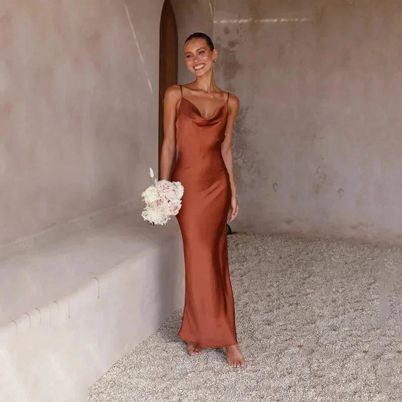 Celestina — Elegant Satin Maxi Dress With Sleeveless Draped Neck Formal Design