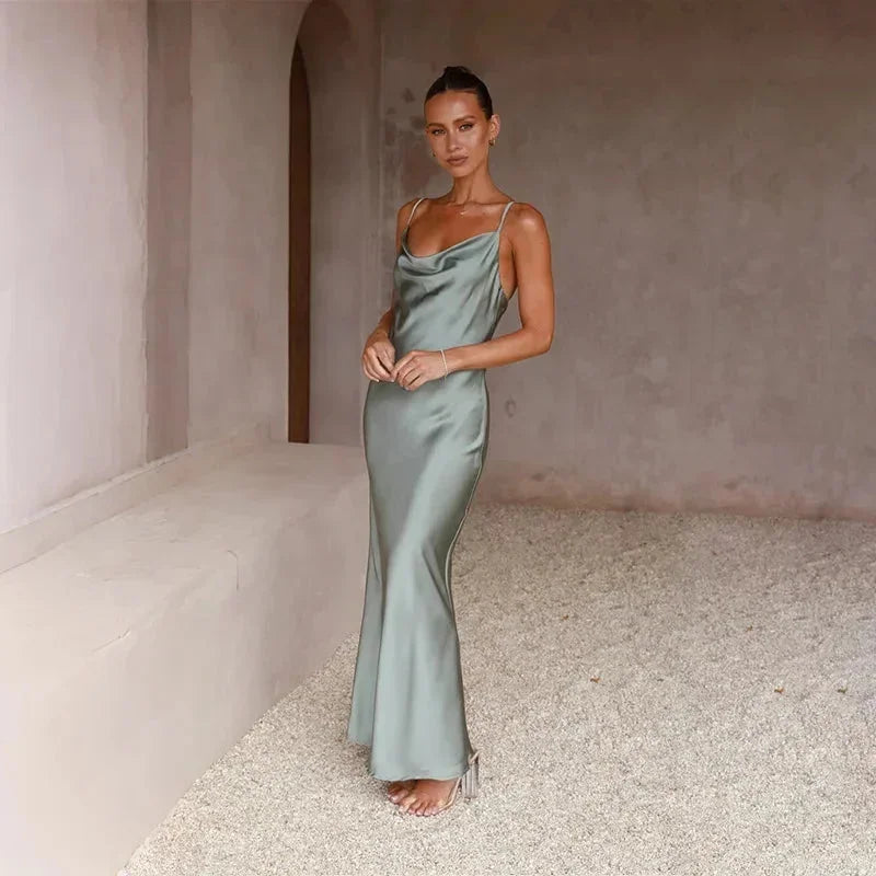 Celestina — Elegant Satin Maxi Dress With Sleeveless Draped Neck Formal Design