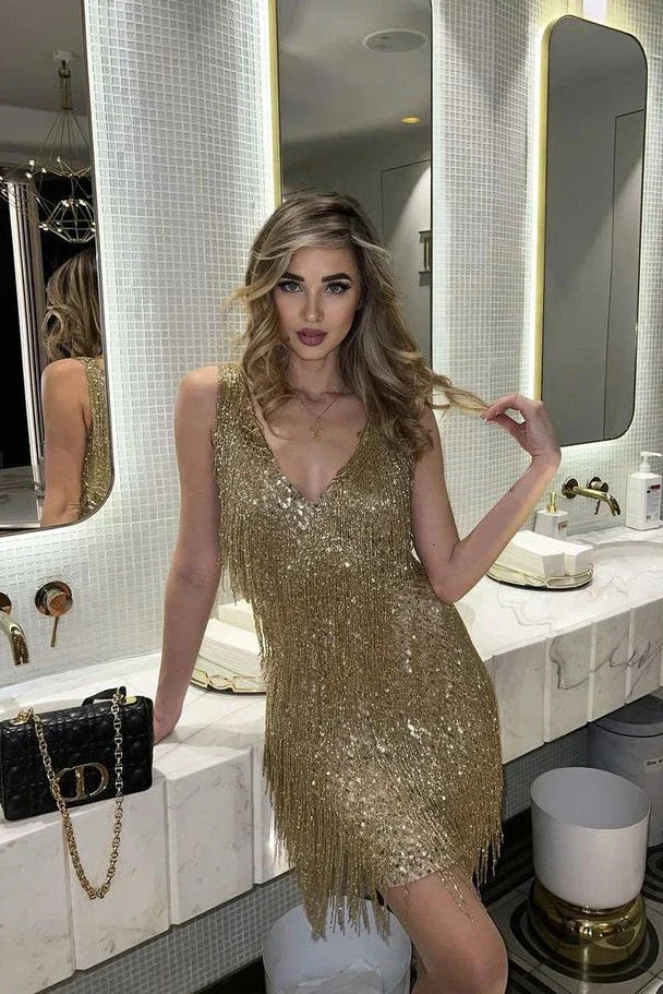 Selene — Glamorous Sequin Mini Dress With Sleeveless Tassel Detail
