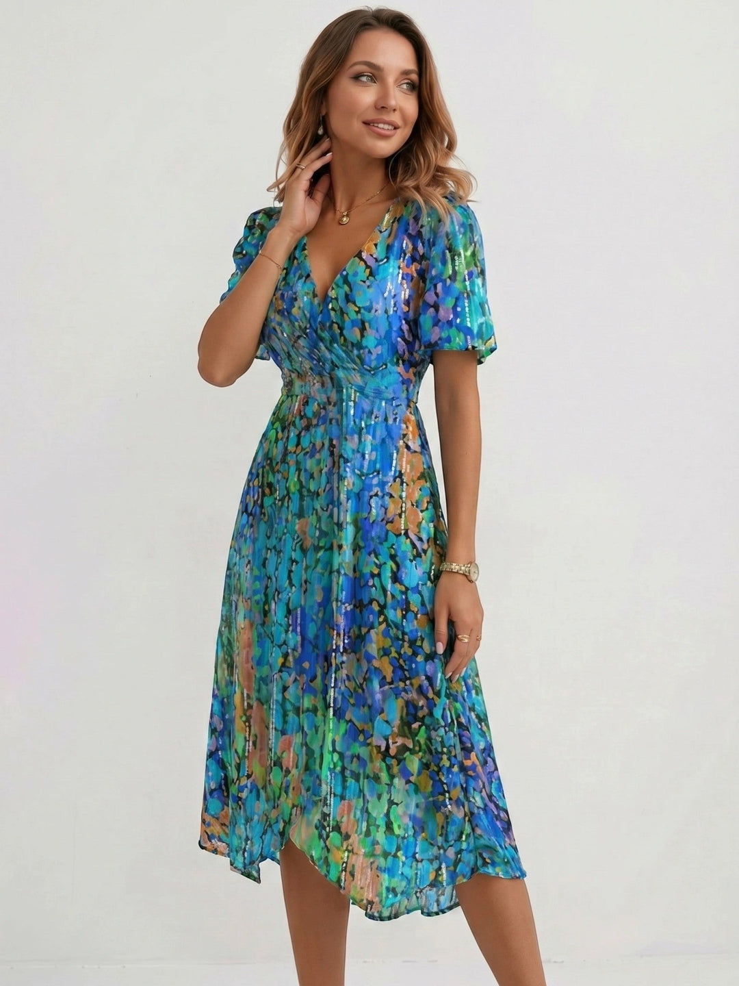 Audrey — Lightweight Floral Wrap Midi Dress With Elegant Flutter Sleeve Design