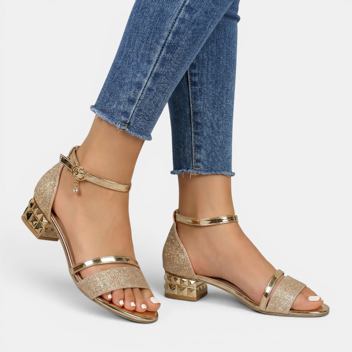 Diana — Glittery Double Strap Sandals With Chic Low Block Heel Design
