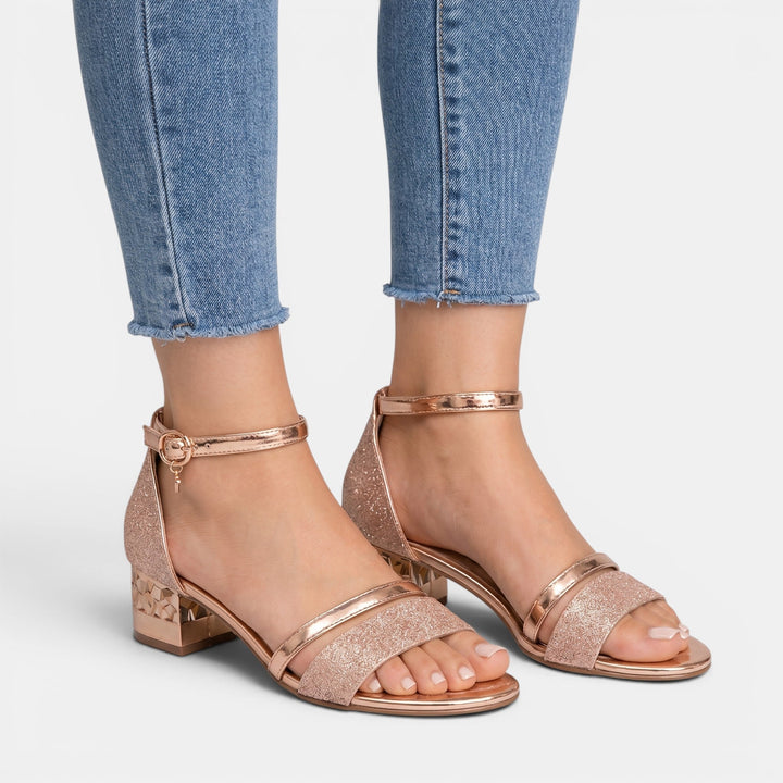 Diana — Glittery Double Strap Sandals With Chic Low Block Heel Design