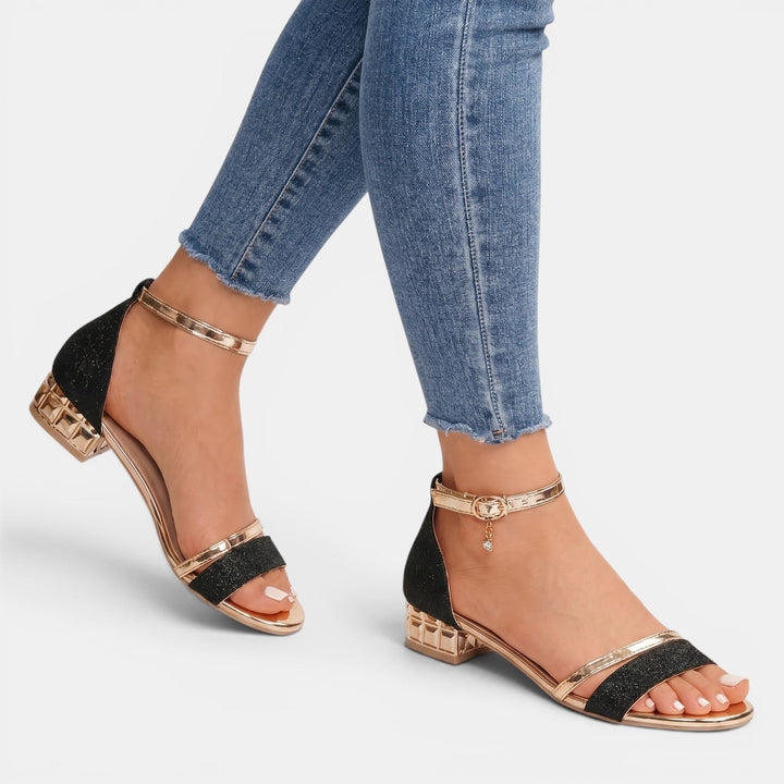 Diana — Glittery Double Strap Sandals With Chic Low Block Heel Design