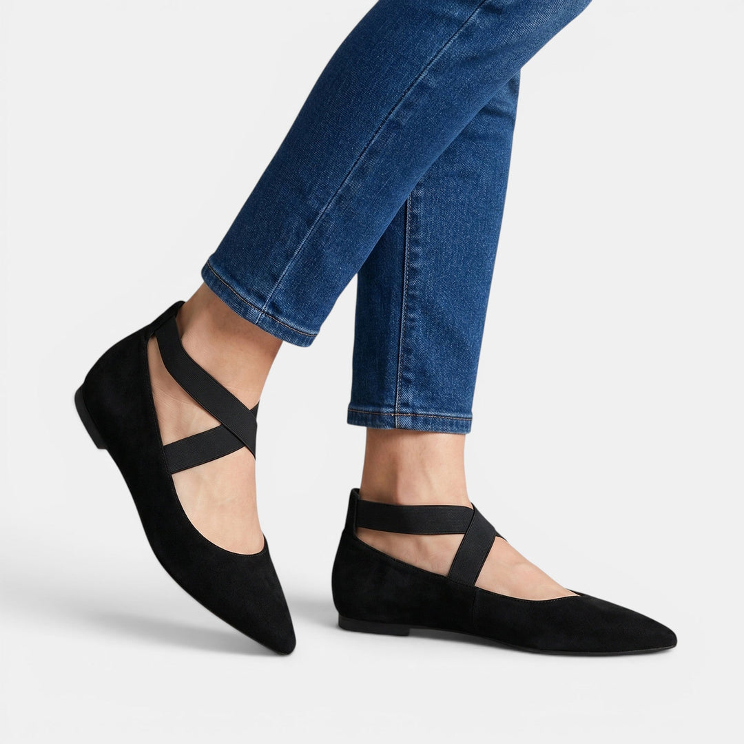 Elena — Matte Black Ballet Flats With Chic Pointed Toe Ankle Strap Design