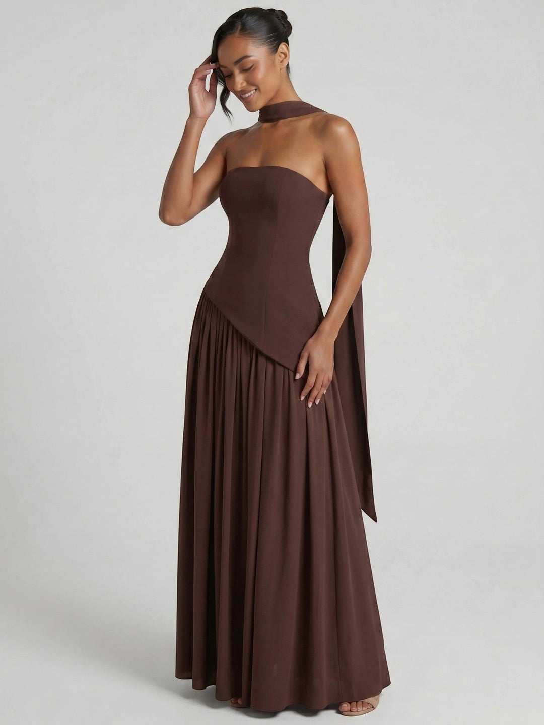Evelyn — Elegant Chiffon Evening Dress With Strapless Scarf Detail