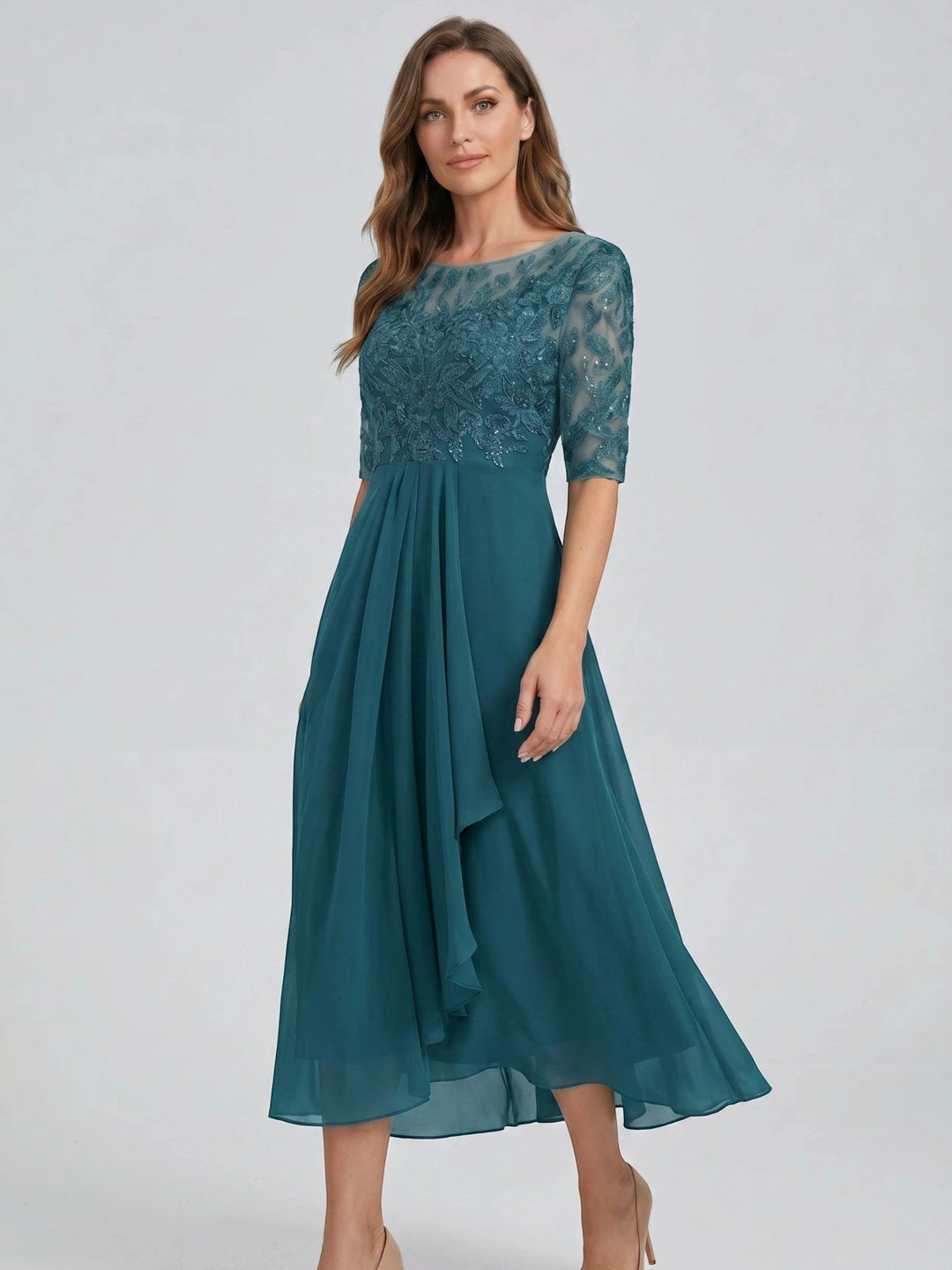 Juliette — Elegant Lace Midi Evening Dress With Flattering Flowing Skirt
