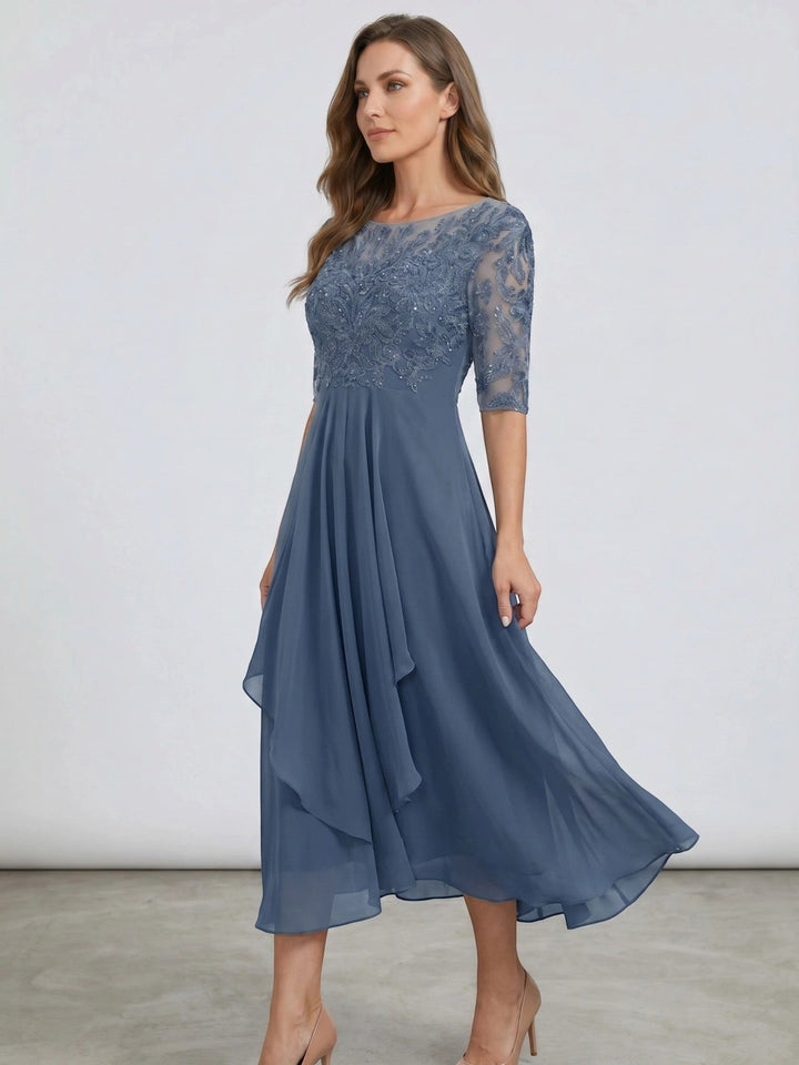 Juliette — Elegant Lace Midi Evening Dress With Flattering Flowing Skirt