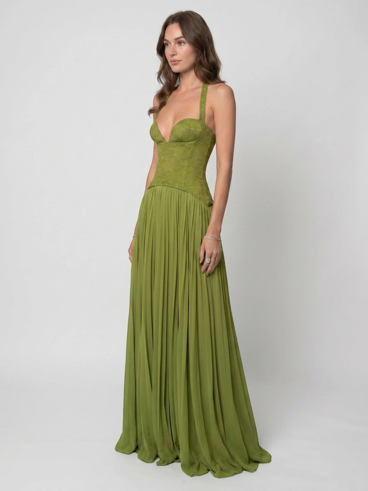 Mirabella — Elegant Draped Pleated Maxi Dress With Structured Corset Style