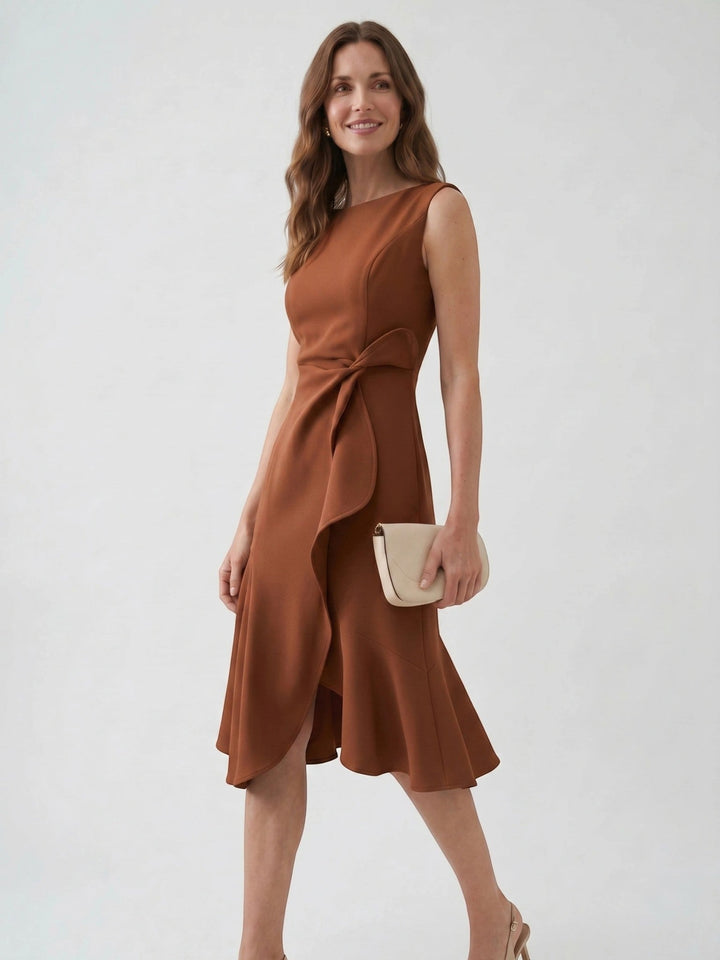 Scarlett — Elegant Wrap Front Midi Dress With Timeless Fit And Flare Style