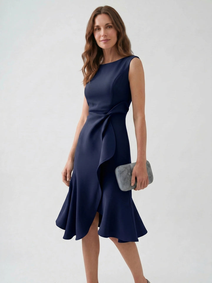 Scarlett — Elegant Wrap Front Midi Dress With Timeless Fit And Flare Style