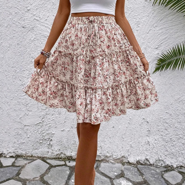 Camellia — Floral Print Midi Skirt With Relaxed Flared Ruffled Hem For Summer