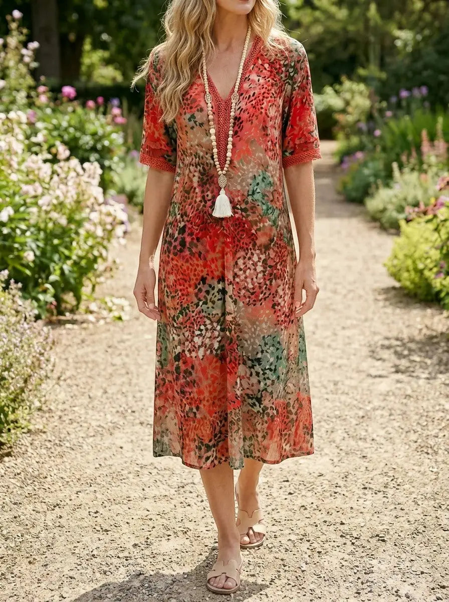 Mosaic — All-Over Printed V-Neck Midi Dress With Relaxed Short Sleeve Design