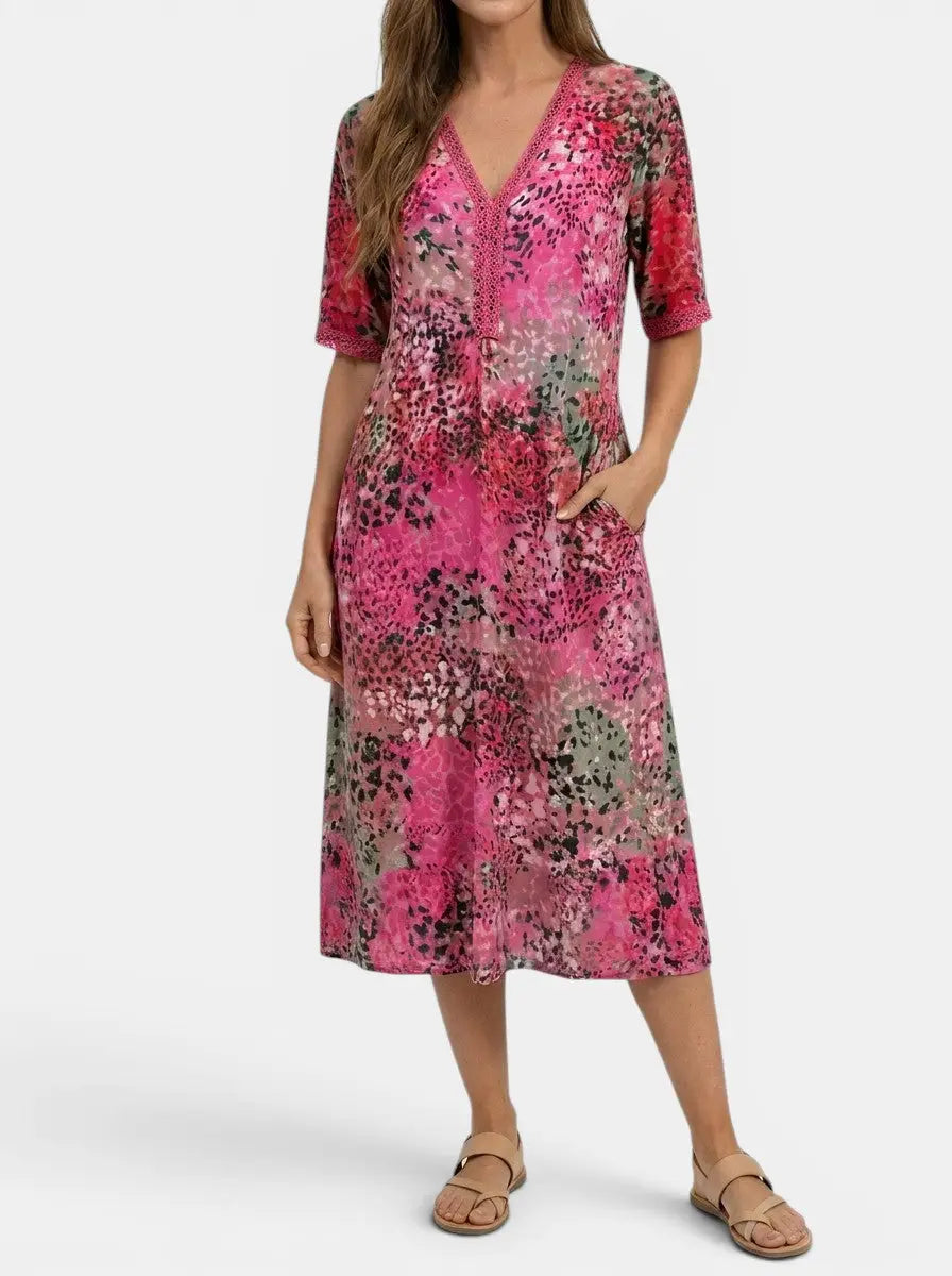 Mosaic — All-Over Printed V-Neck Midi Dress With Relaxed Short Sleeve Design