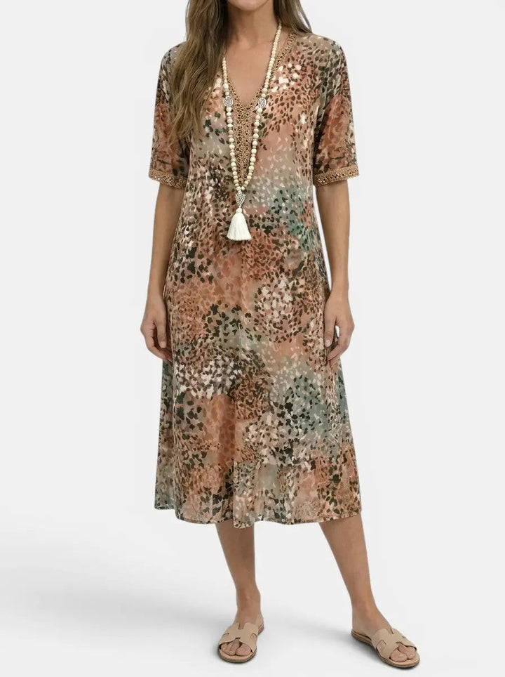 Mosaic — All-Over Printed V-Neck Midi Dress With Relaxed Short Sleeve Design
