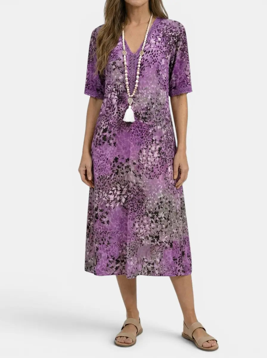 Mosaic — All-Over Printed V-Neck Midi Dress With Relaxed Short Sleeve Design