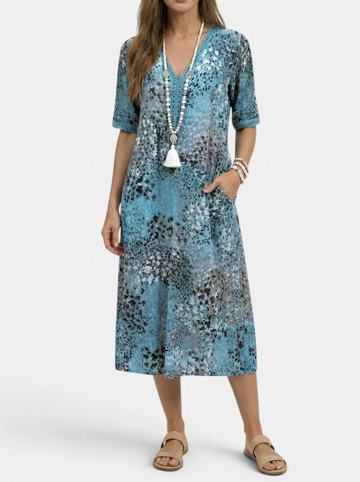 Mosaic — All-Over Printed V-Neck Midi Dress With Relaxed Short Sleeve Design