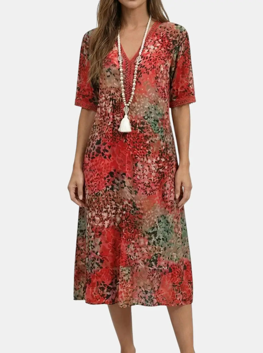 Mosaic — All-Over Printed V-Neck Midi Dress With Relaxed Short Sleeve Design