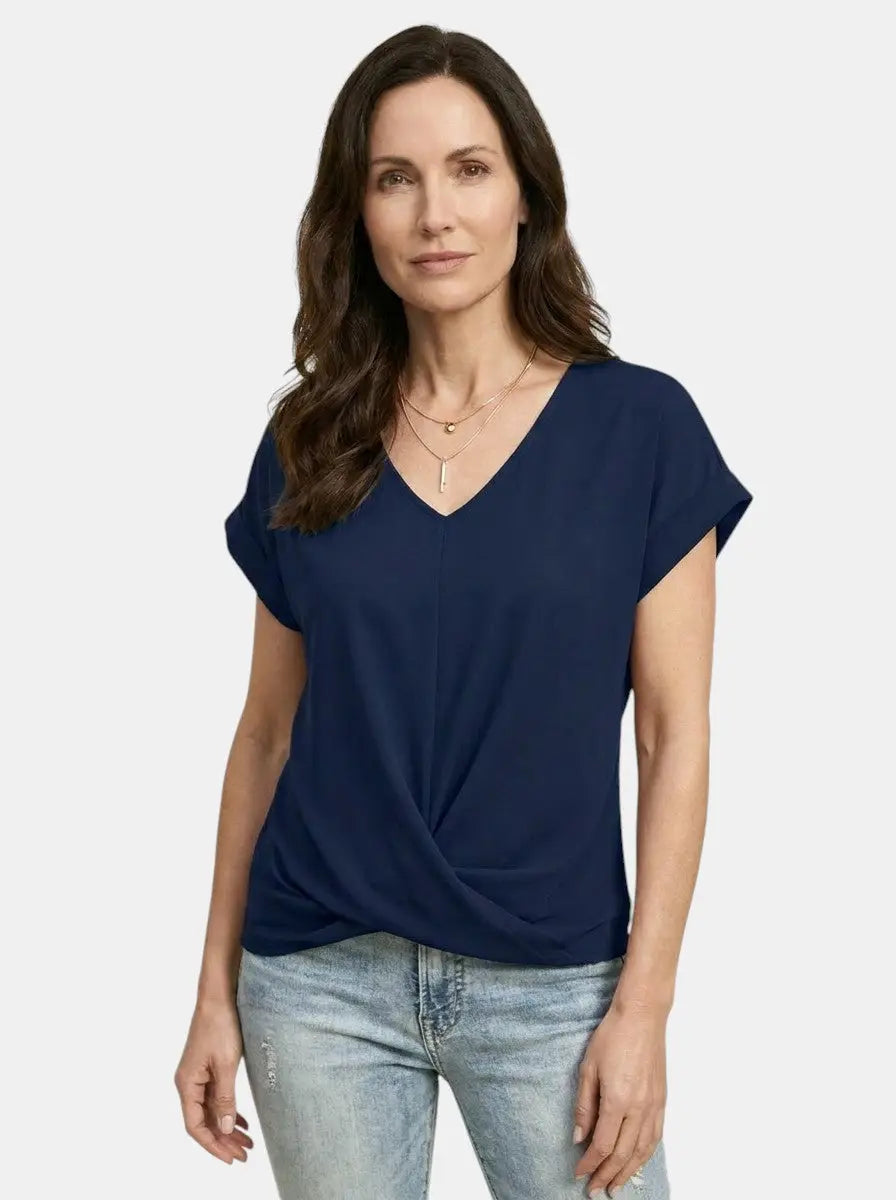 Vesper — Comfortable V-Neck Twist Front Top With Relaxed Short Sleeve Spring Style