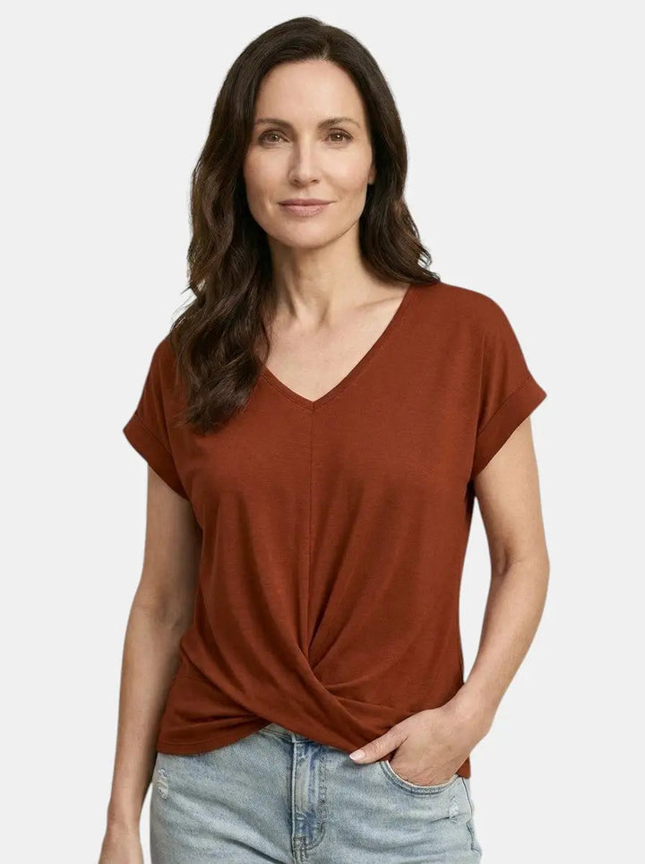 Vesper — Comfortable V-Neck Twist Front Top With Relaxed Short Sleeve Spring Style
