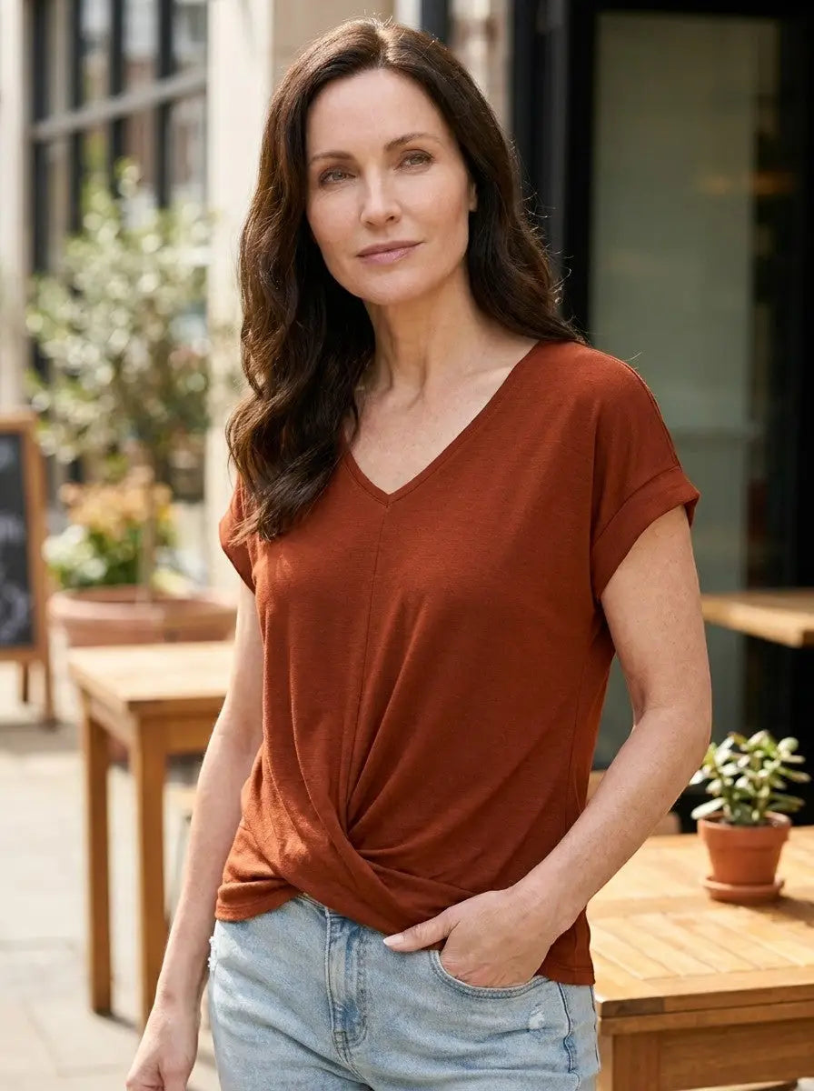 Vesper — Comfortable V-Neck Twist Front Top With Relaxed Short Sleeve Spring Style