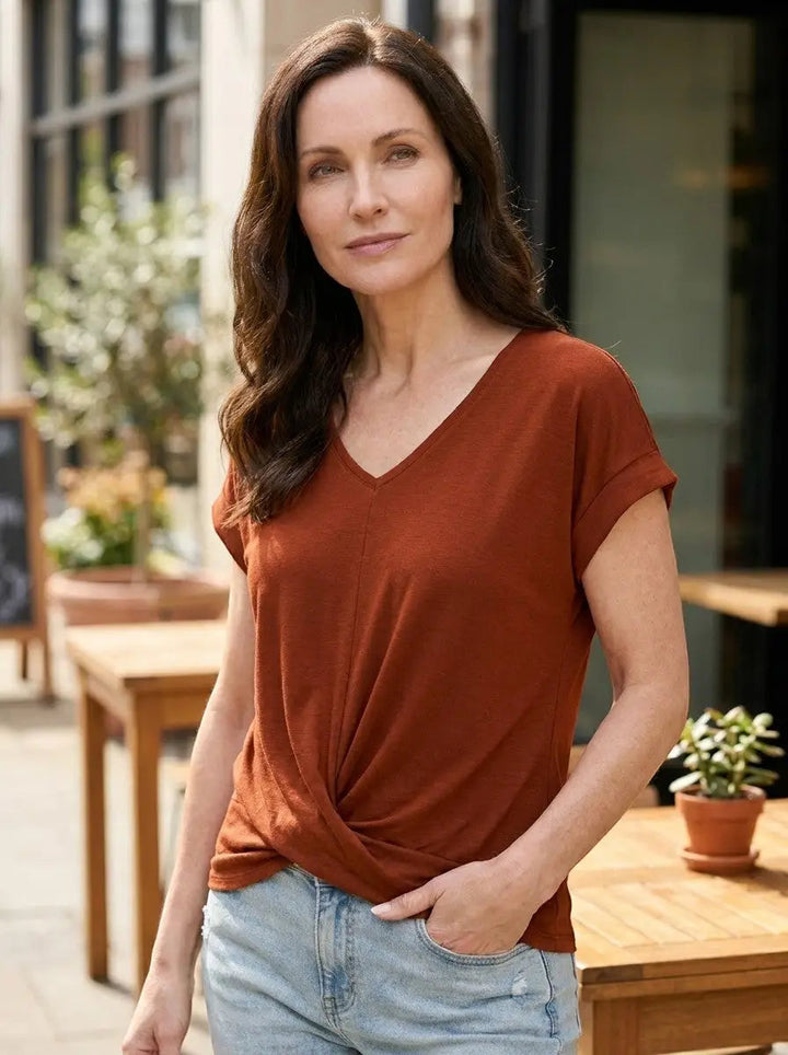 Vesper — Comfortable V-Neck Twist Front Top With Relaxed Short Sleeve Spring Style