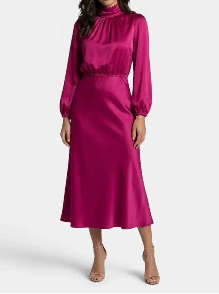 Wilhelmina — Elegant High Neck Midi Dress With Sophisticated Long Sleeve Cocktail Design