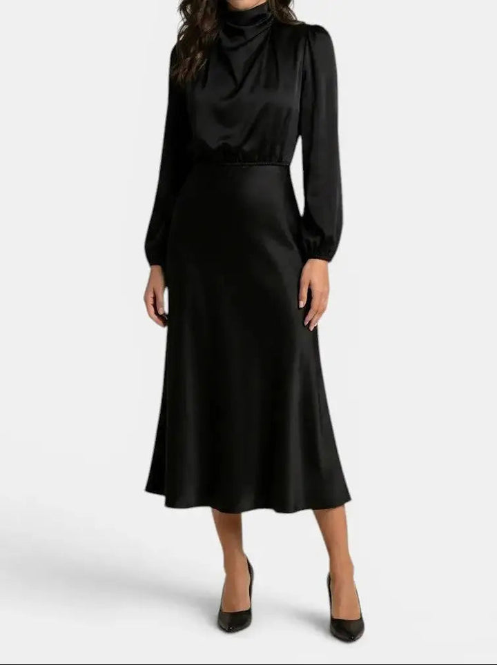 Wilhelmina — Elegant High Neck Midi Dress With Sophisticated Long Sleeve Cocktail Design