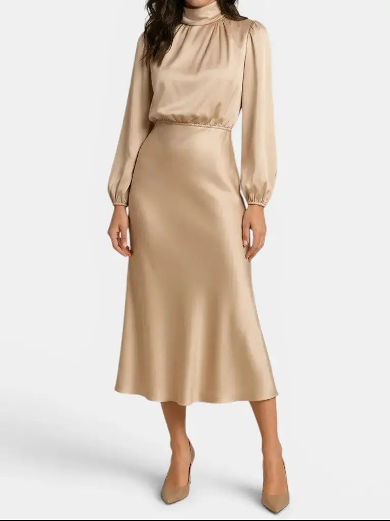 Wilhelmina — Elegant High Neck Midi Dress With Sophisticated Long Sleeve Cocktail Design