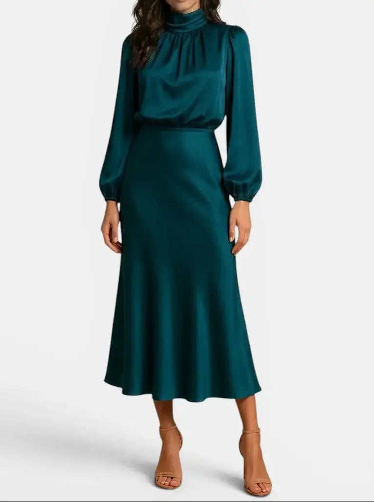 Wilhelmina — Elegant High Neck Midi Dress With Sophisticated Long Sleeve Cocktail Design