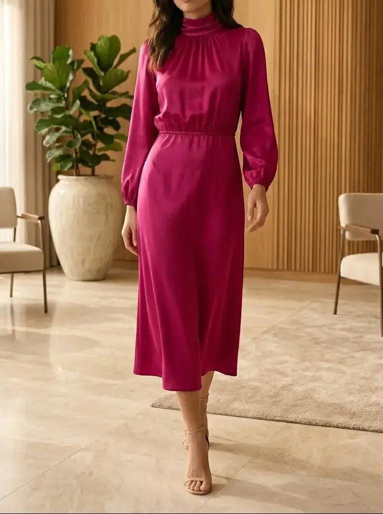Wilhelmina — Elegant High Neck Midi Dress With Sophisticated Long Sleeve Cocktail Design