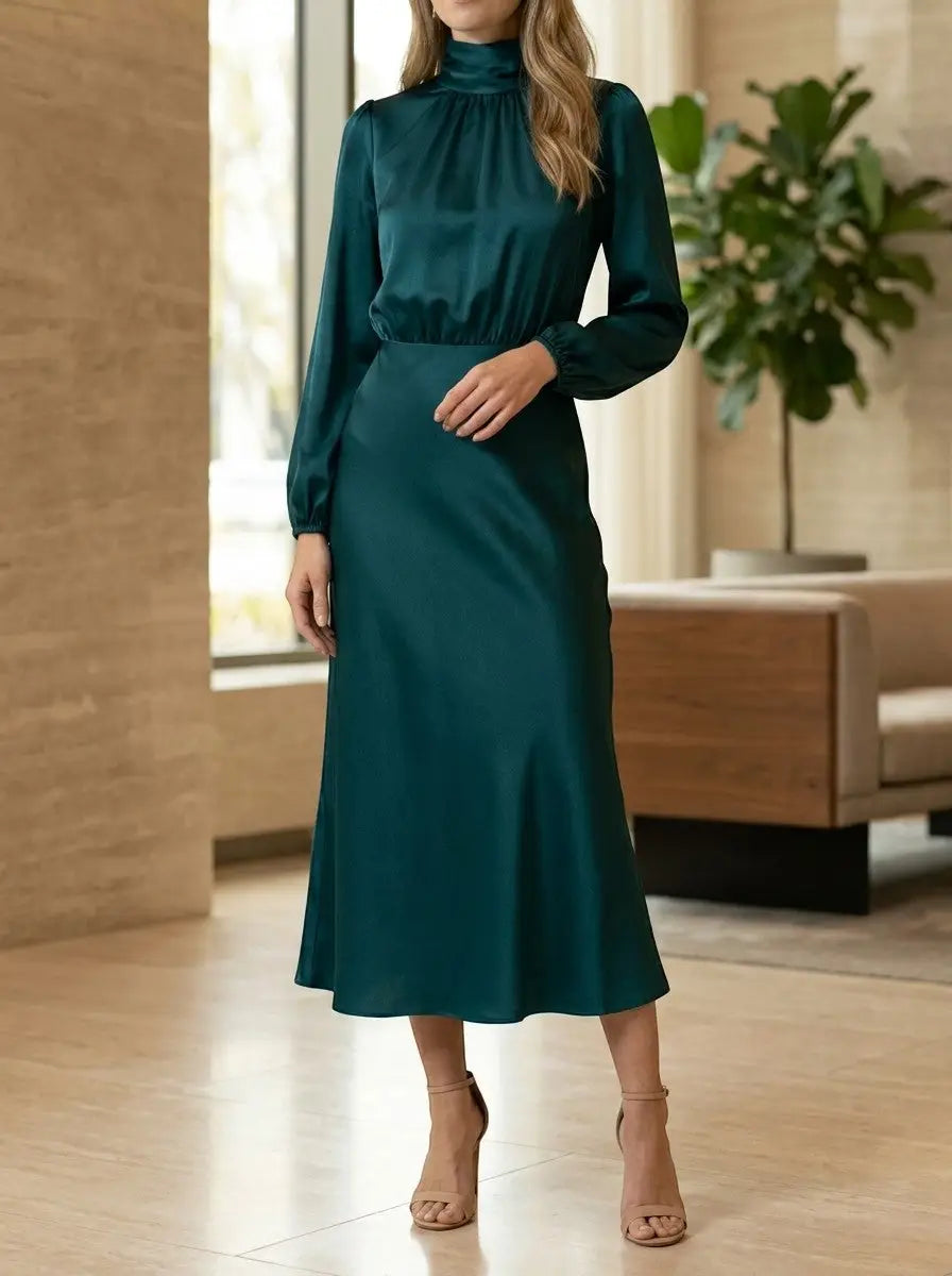 Marisol — Elegant High-Waist Midi Dress With Sophisticated Long Sleeve Formal Cocktail Design