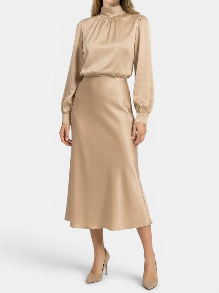Marisol — Elegant High-Waist Midi Dress With Sophisticated Long Sleeve Formal Cocktail Design