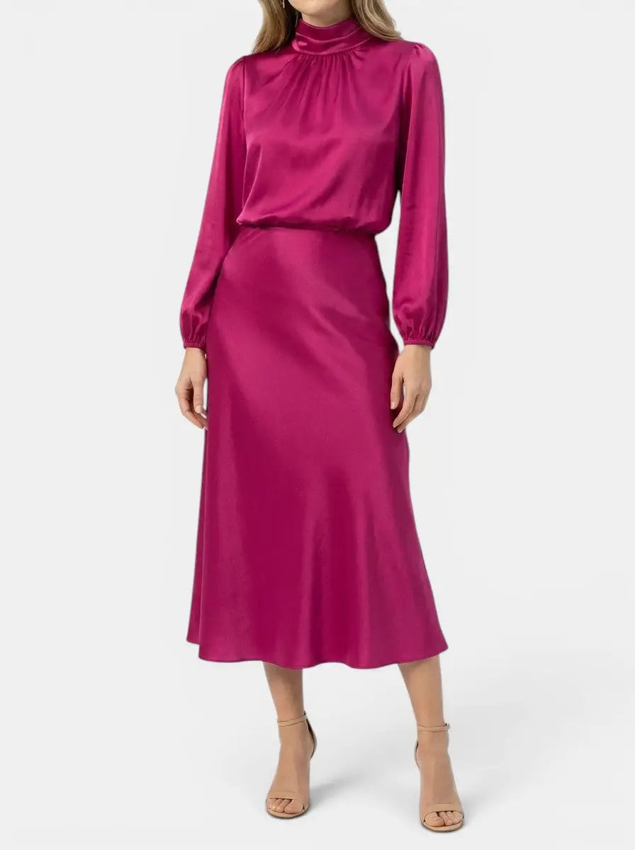 Marisol — Elegant High-Waist Midi Dress With Sophisticated Long Sleeve Formal Cocktail Design