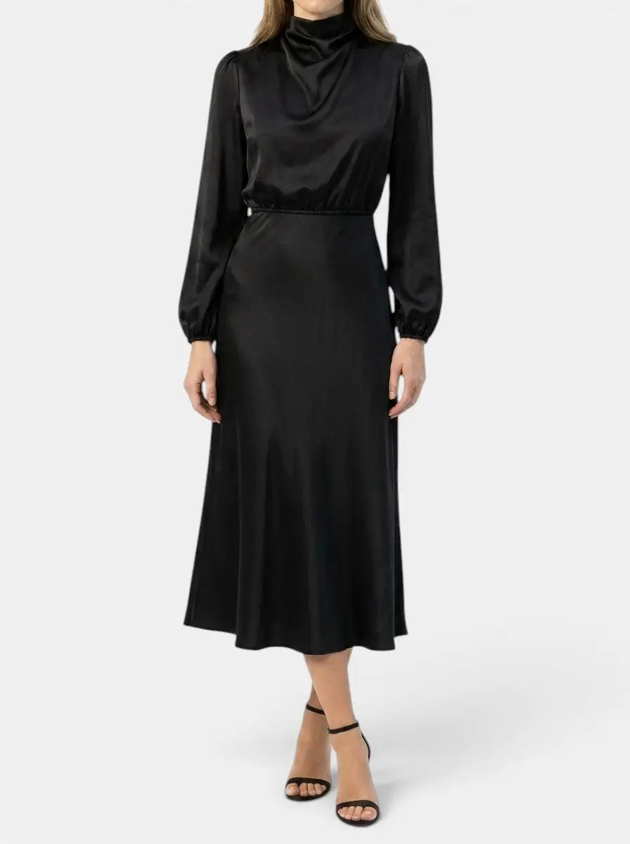 Marisol — Elegant High-Waist Midi Dress With Sophisticated Long Sleeve Formal Cocktail Design