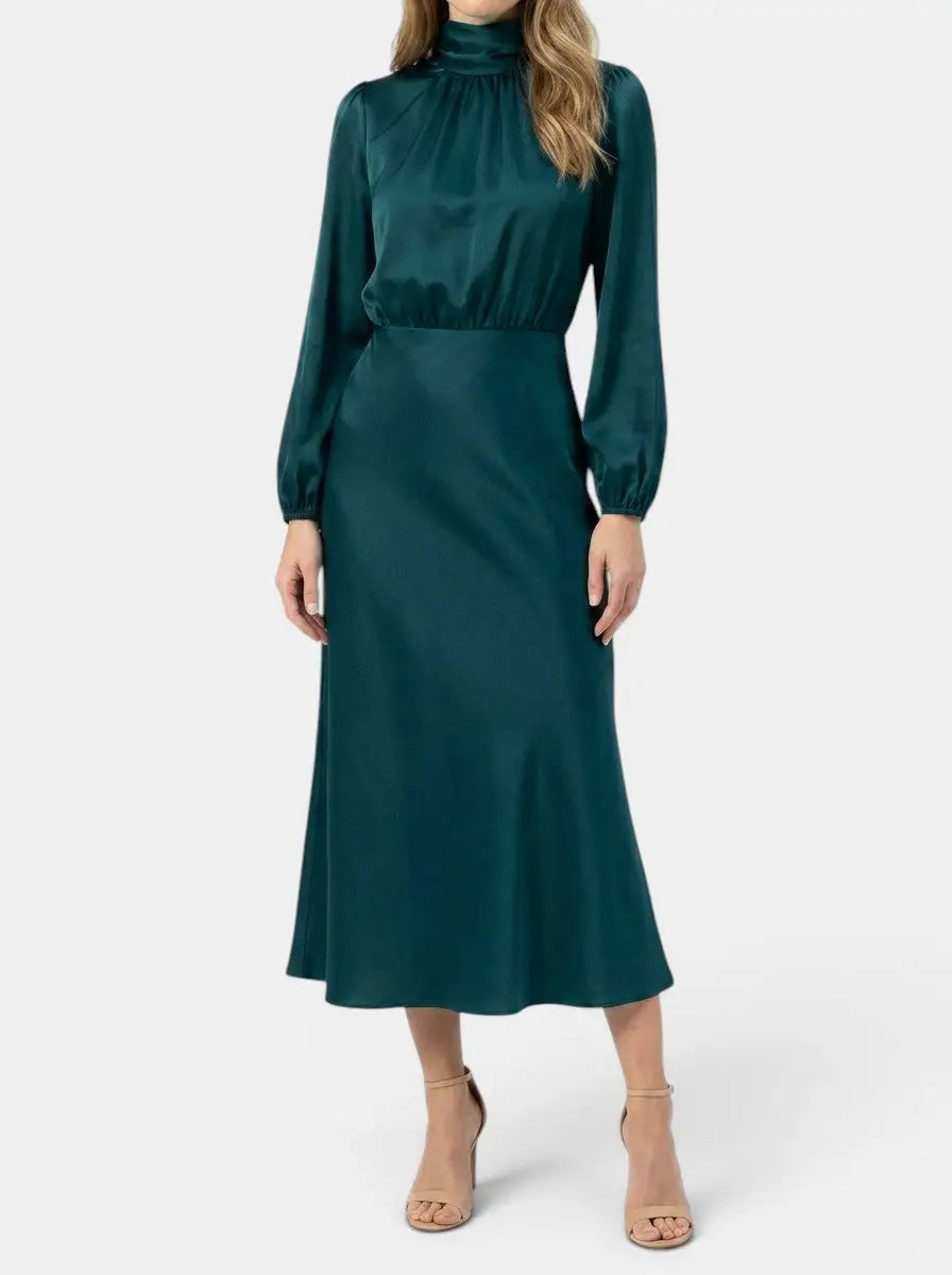 Marisol — Elegant High-Waist Midi Dress With Sophisticated Long Sleeve Formal Cocktail Design