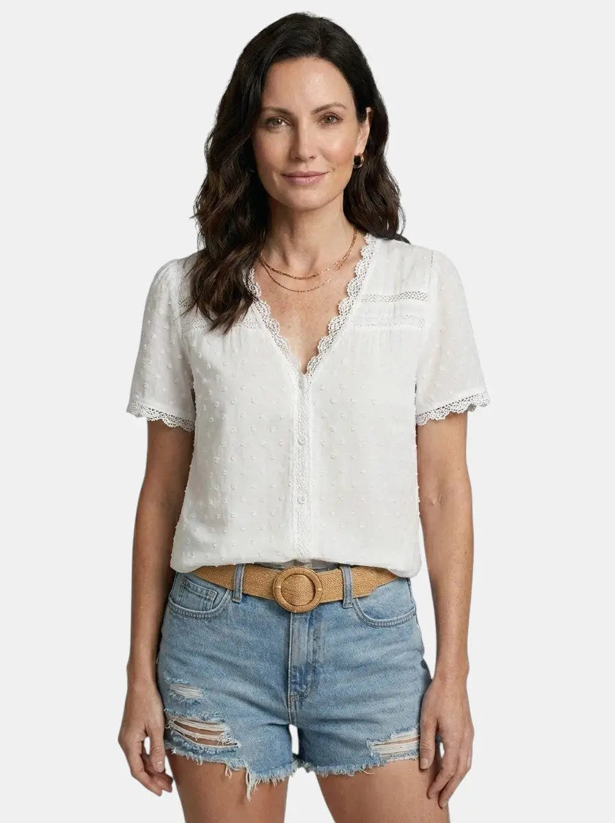 Theodora — Elegant Lace Blouse With Timeless Long Sleeve V-Neck Design