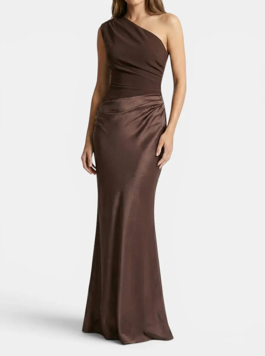 Persimmon — Elegant Pleated Maxi Dress With Stylish One-Shoulder Formal Design