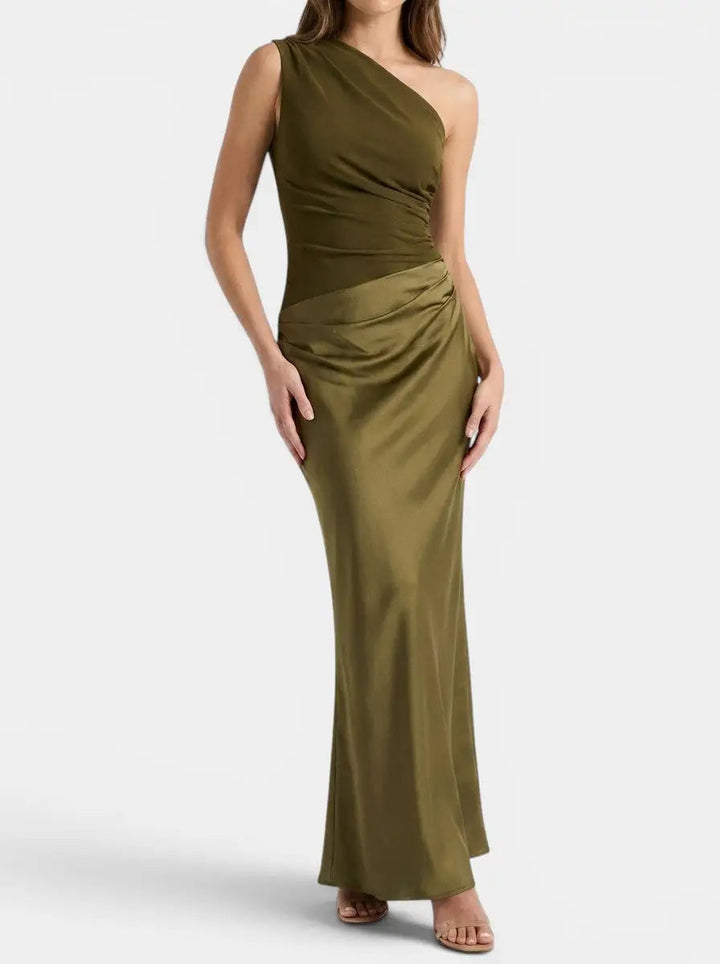 Persimmon — Elegant Pleated Maxi Dress With Stylish One-Shoulder Formal Design