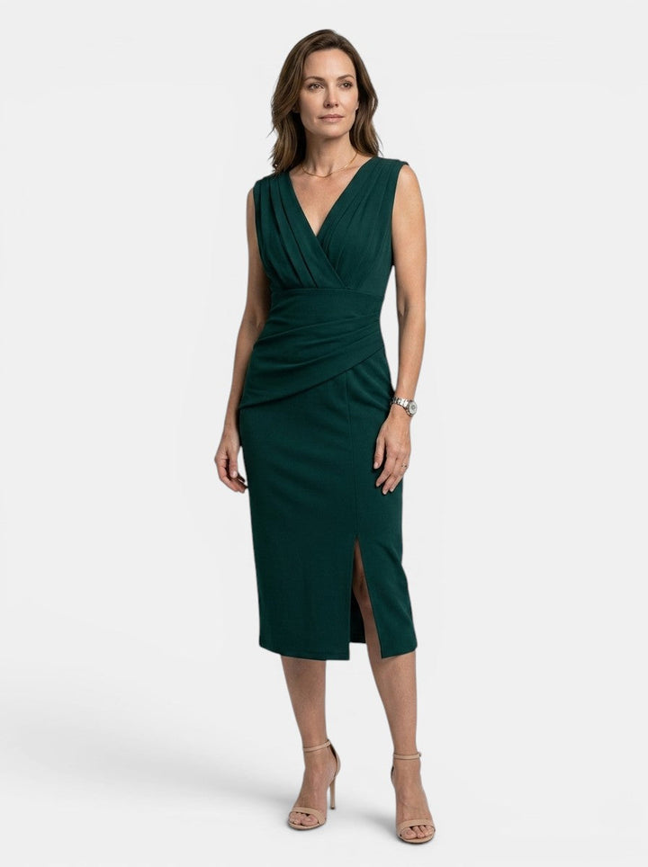 Ambrosia — Elegant Pleated Midi Dress With Sculpted Formal Evening Design