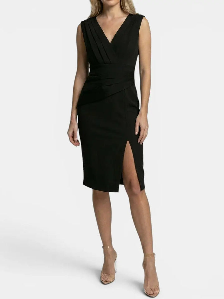 Verena — Elegant Blend Midi Dress With Flattering V-Neck And Side Slit Design