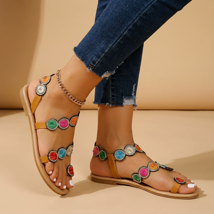 Marigold — Embroidered Floral Flat Sandals With Stylish Open-Toe Ankle Strap Design