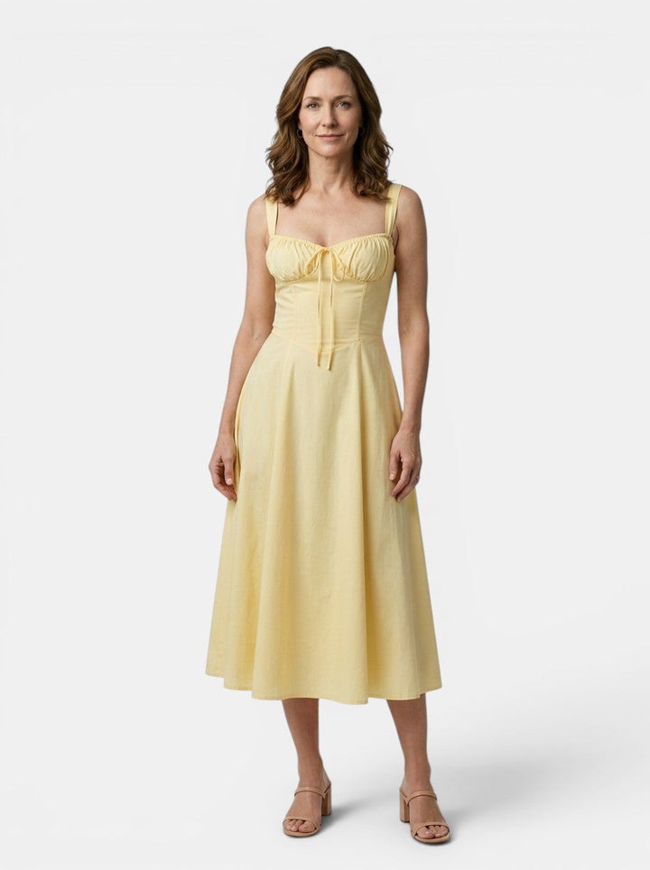 Marguerite — Floral Corset Midi Dress With Elegant Flowing Skirt Design