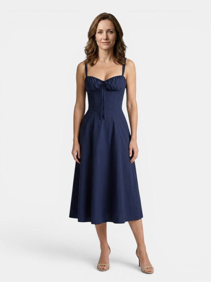 Marguerite — Floral Corset Midi Dress With Elegant Flowing Skirt Design
